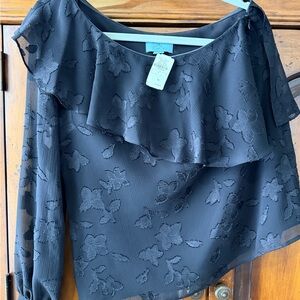 CeCe Black Floral Ruffle off the Shoulder Blouse